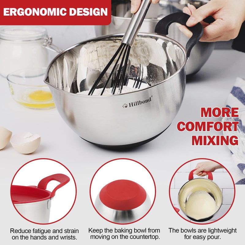 Hillbond Mixing Bowls with BPA Free Airtight Lids Nesting Bowls with Pour Spout, Silicone Handle and Non-Slip Bottoms for Baking, Stainless Steel Mixing Bowls Dishwasher Safe, 1.5, 3, 5 QT (Red) - Image 3